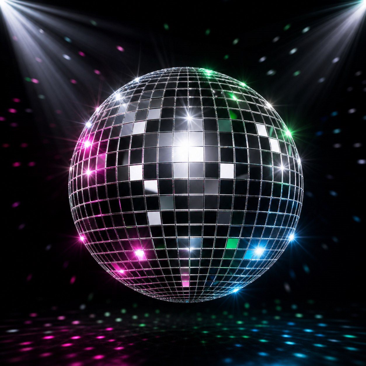 Traditional mirrored disco ball with colored lights